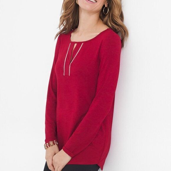 NEW CHICO's LONG-SLEEVE SPLIT-NECK TOP Chico's Size 2 US Size L Stretchy‎ - Picture 1 of 7
